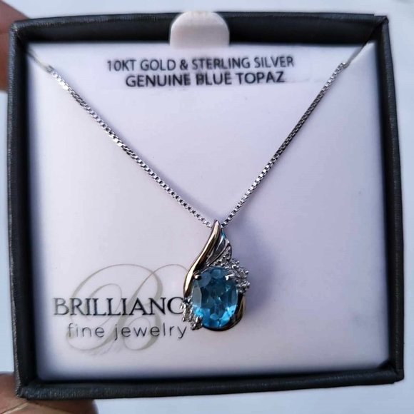 Brilliance Genuine 10kt gold & Sterling Silver Blue Topaz Diamond Necklace - Picture 2 of 5